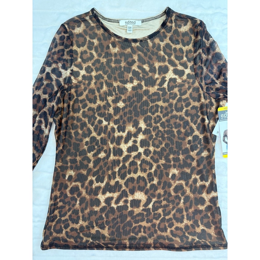 Edited Shirt Womens Medium Cheetah Print Blouse Long Sleeve Mesh Round Neck New